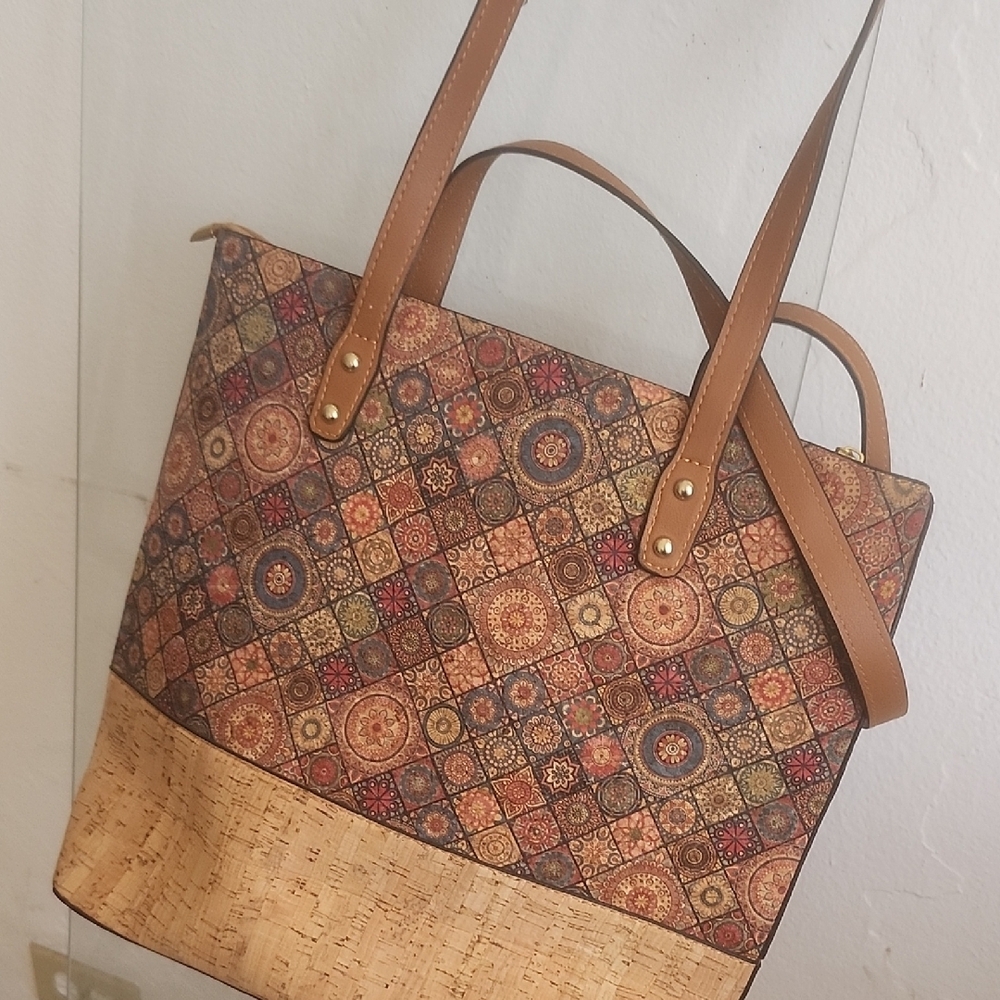 Patterned Brown Tote with Cork Accent and Wristlet - Picture 9 of 9